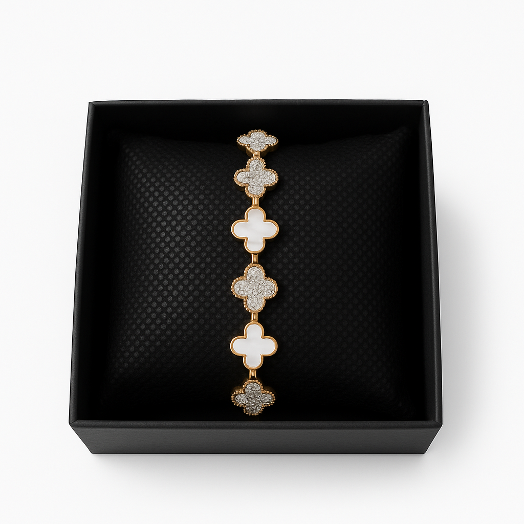 White and Silver 4 Leaf Clover Rhinestone Bracelet